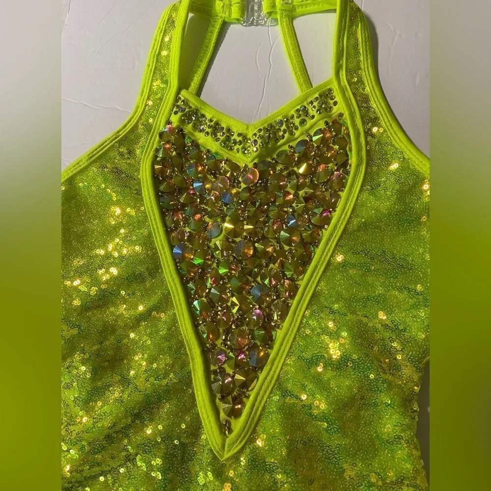 Rare Glamour Competition Solo Costume Neon Lime green Crystal Jazz Open SA adult